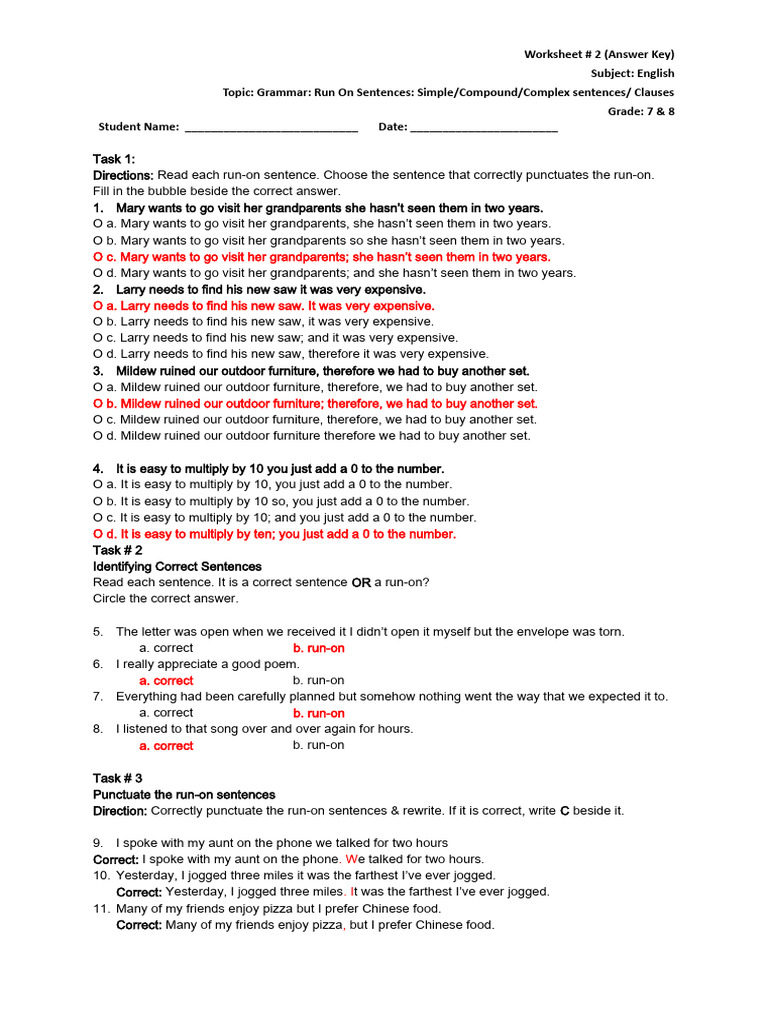 Run On Sent. Worksheet 2 Answer Keys | PDF | Language Mechanics | Grammar