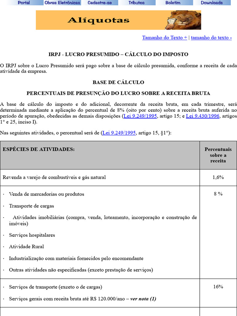 Irpj Lucro Presumido Calculo Do Imposto | PDF | Impostos | Imposto de Renda