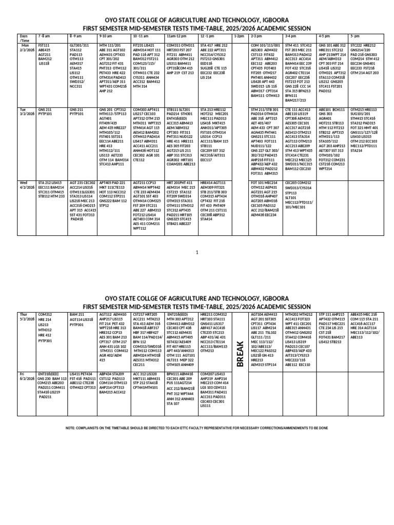 First Semester 2025-2026 Academic Session Mid-Semester Tests Time-Table ...