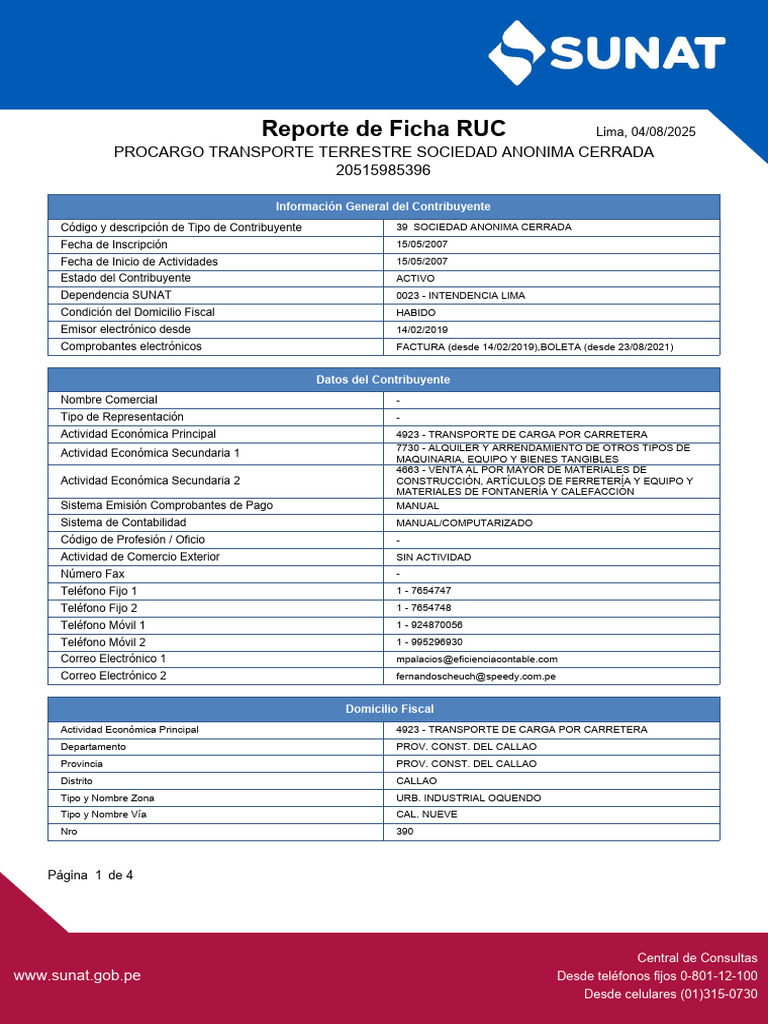 Ficha Ruc Procargo Sac | PDF | Telecomunicaciones | Industrias de servicio