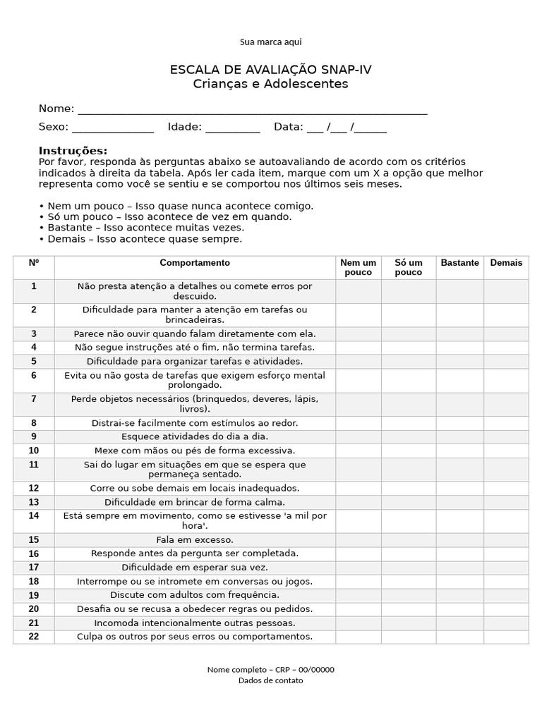 ESCALA DE AVALIAÇÃO SNAP-IV CRIANÇAS E ADOLESCENTES (Feito) | PDF ...