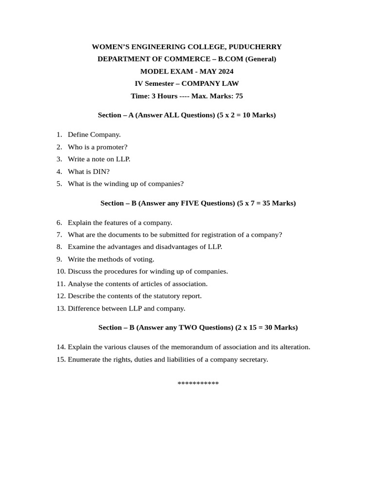 Company Law Model QP 2024 | PDF