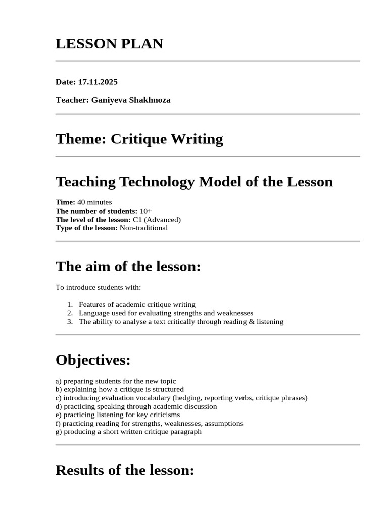 LESSON PLAN Critique Writing | PDF | Learning | Lesson Plan