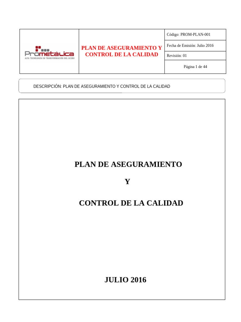 Plan de Aseguramiento y CC Prometalica Julio 2016 Rev1 | PDF | Calidad ...