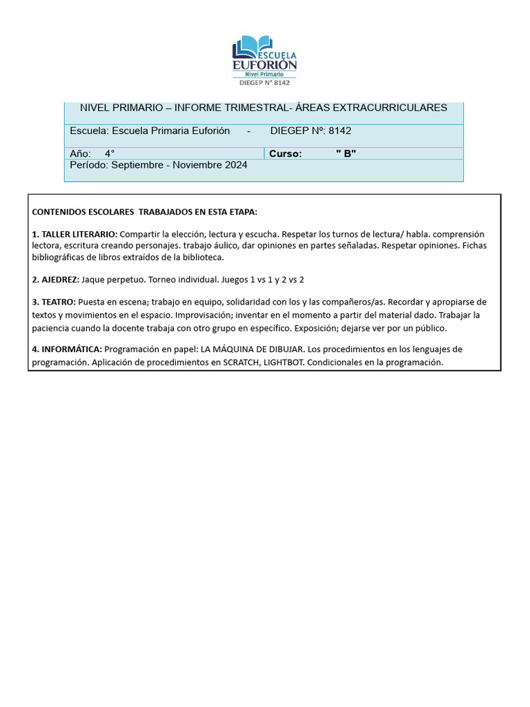 Informe Cualitativo Boletin Extracurricular 2024 | PDF