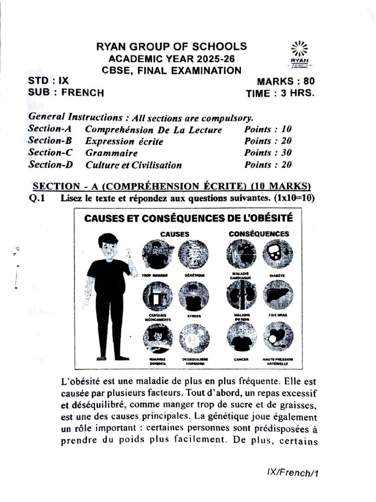 Ryan International French Class 9 Final Exam 2025-26 | PDF