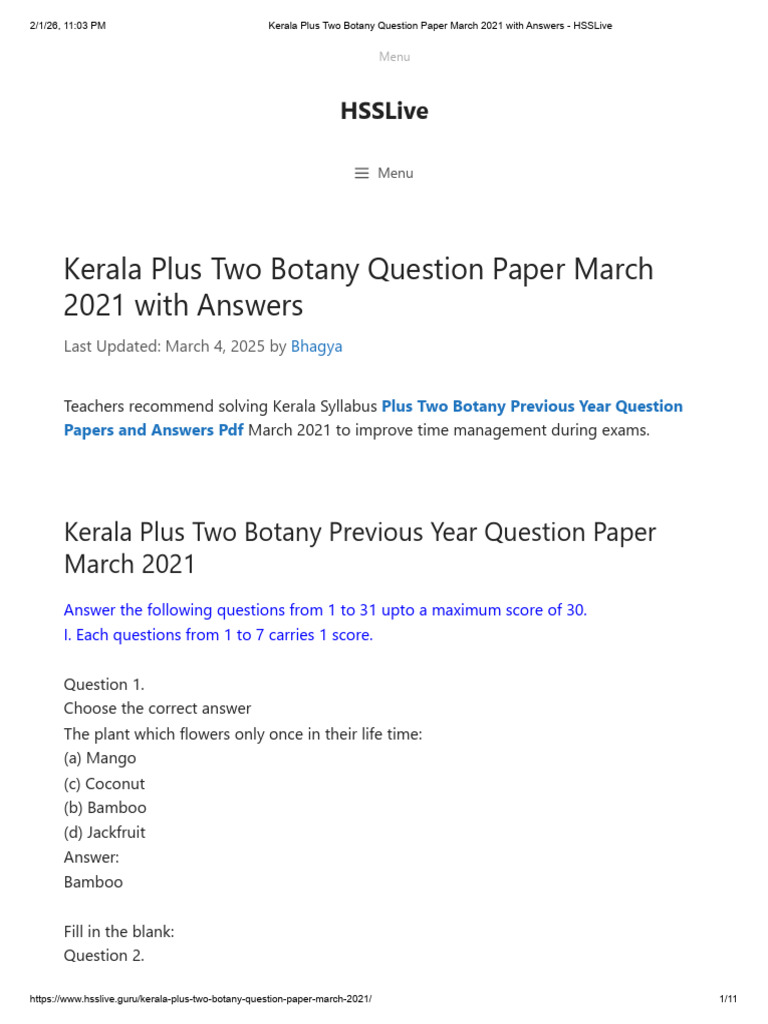 Kerala Plus Two Botany Question Paper March 2021 With Answers - HSSLive ...
