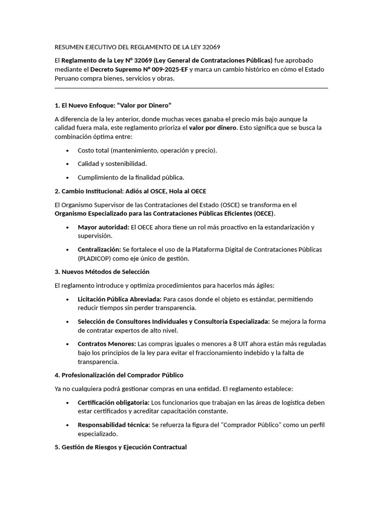 Resumen Ejecutivo Del Reglamento de La Ley 32069 | PDF | Regulación ...