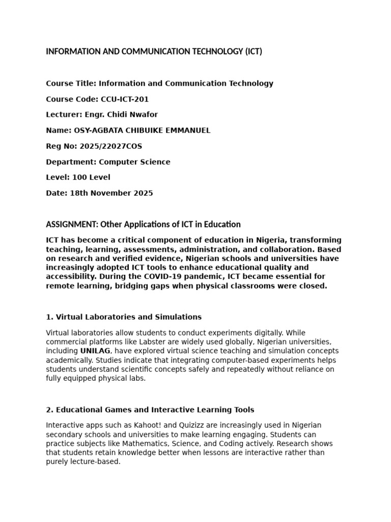 Ict - Assignment - Osy-Agbata Chibuike | PDF | Educational Technology ...