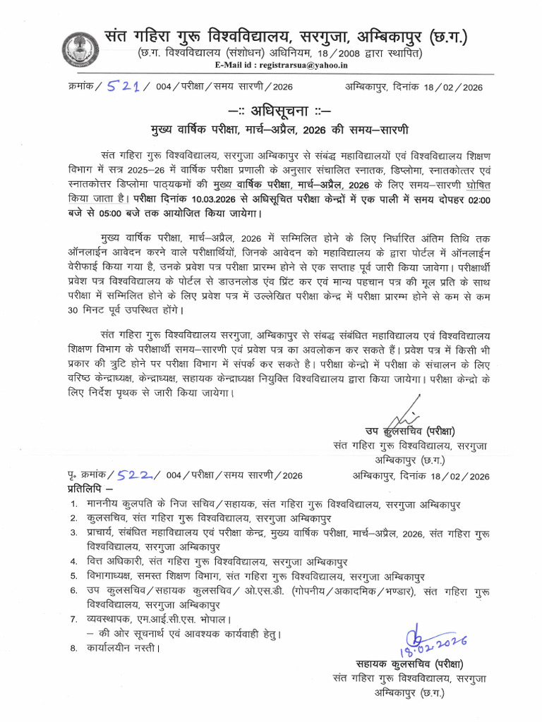 SGGV Exam Notification No. 521 Time Table For Annual Main Examination ...