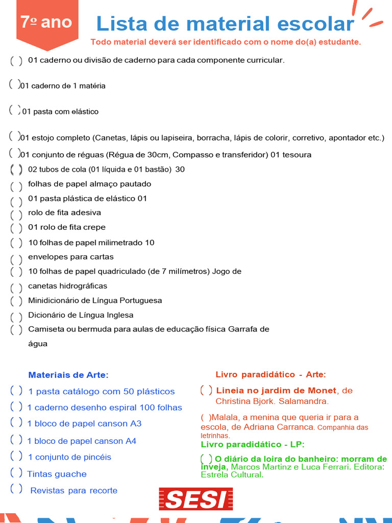 Lista de Materiais - 2026 (7º Ano) | PDF