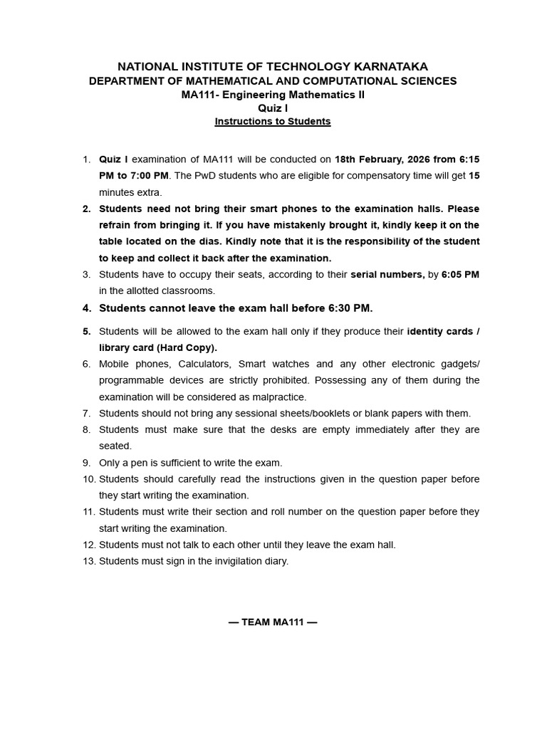MA111 Quiz I Instructions To Students 18thfeb2026 | PDF