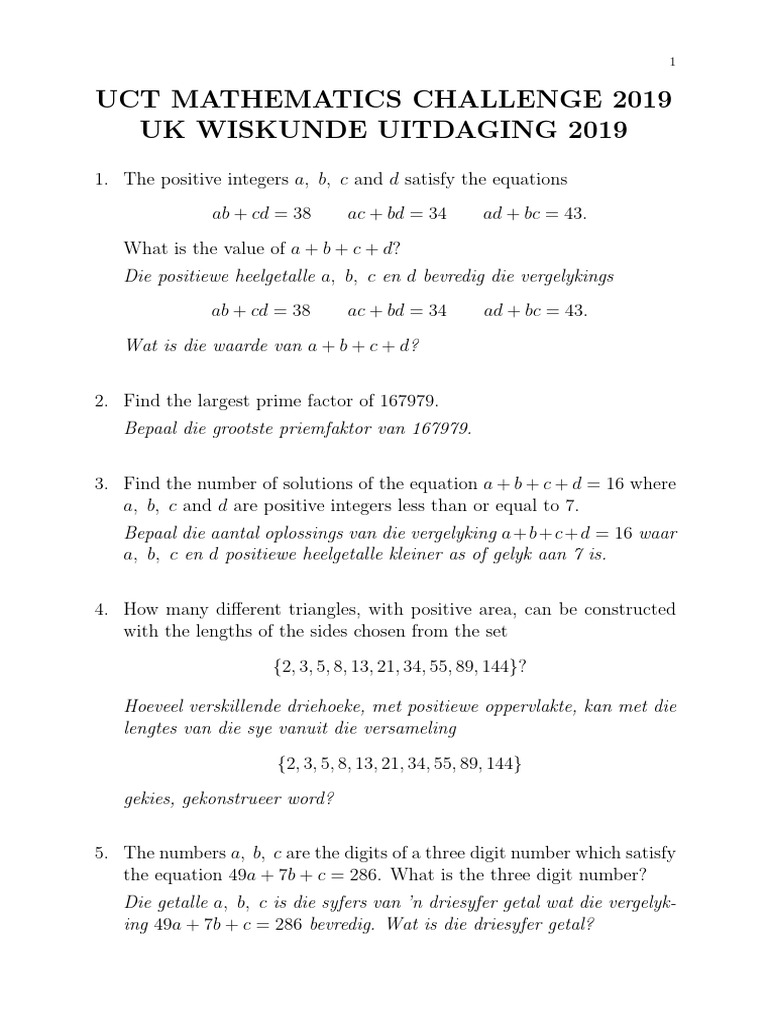 UCT Mathematics Challenge 2019 Junior and Senior Paper | PDF ...