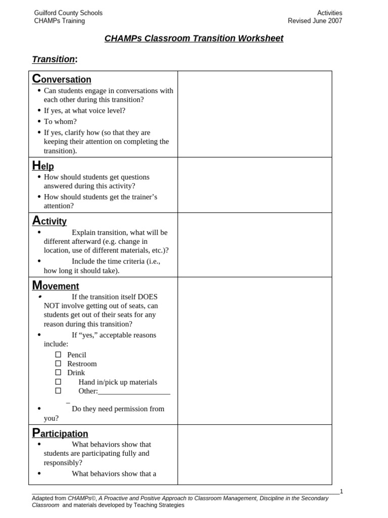 CHAMPs Classroom Transition Worksheet - Blank | PDF