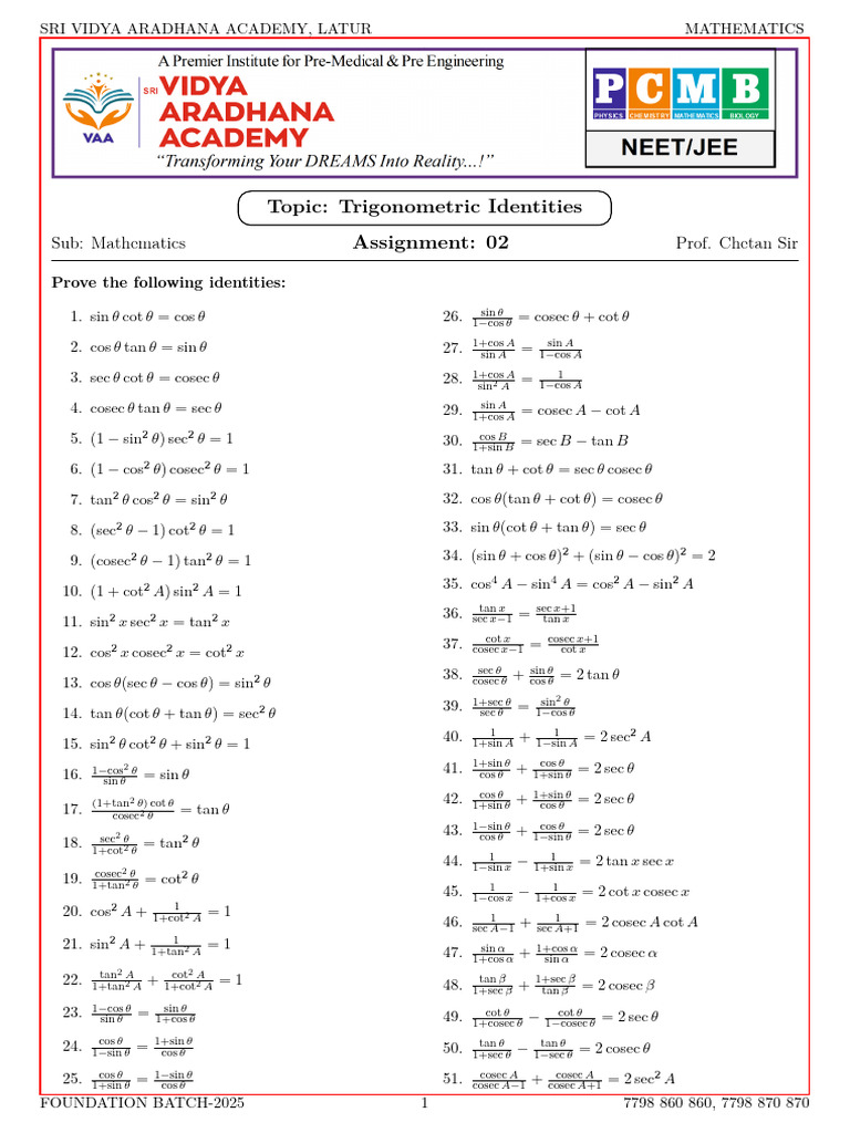 JEE Foundation Assignment 02 Trigonometric Identities Math by IISERite ...