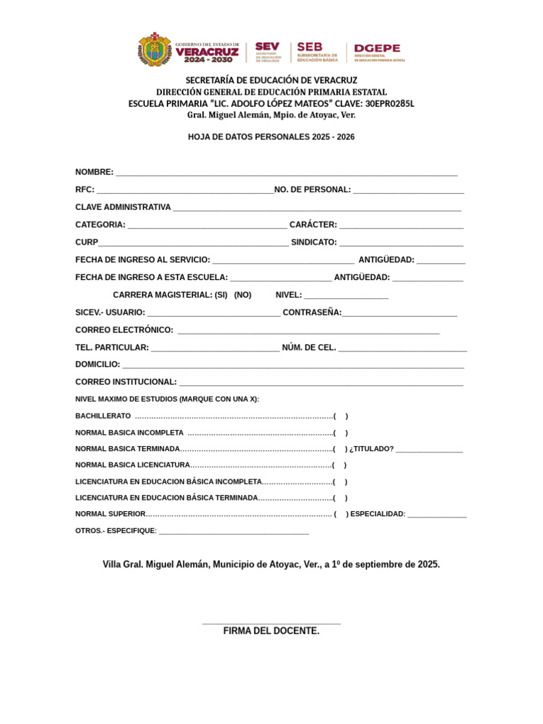 Formato de Hoja de Datos Personales 2025 2026 | PDF