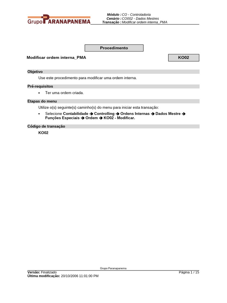 Co002 - Ko02 - Modificar Ordem Interna - Pma | PDF | Informática