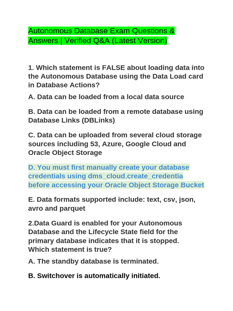 Autonomous Database Exam Questions and Answers | PDF | Databases ...