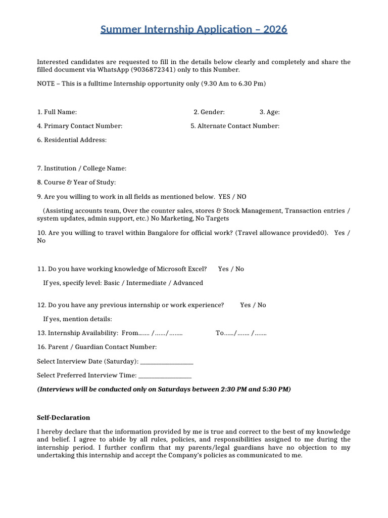 Summer Internship Application | PDF