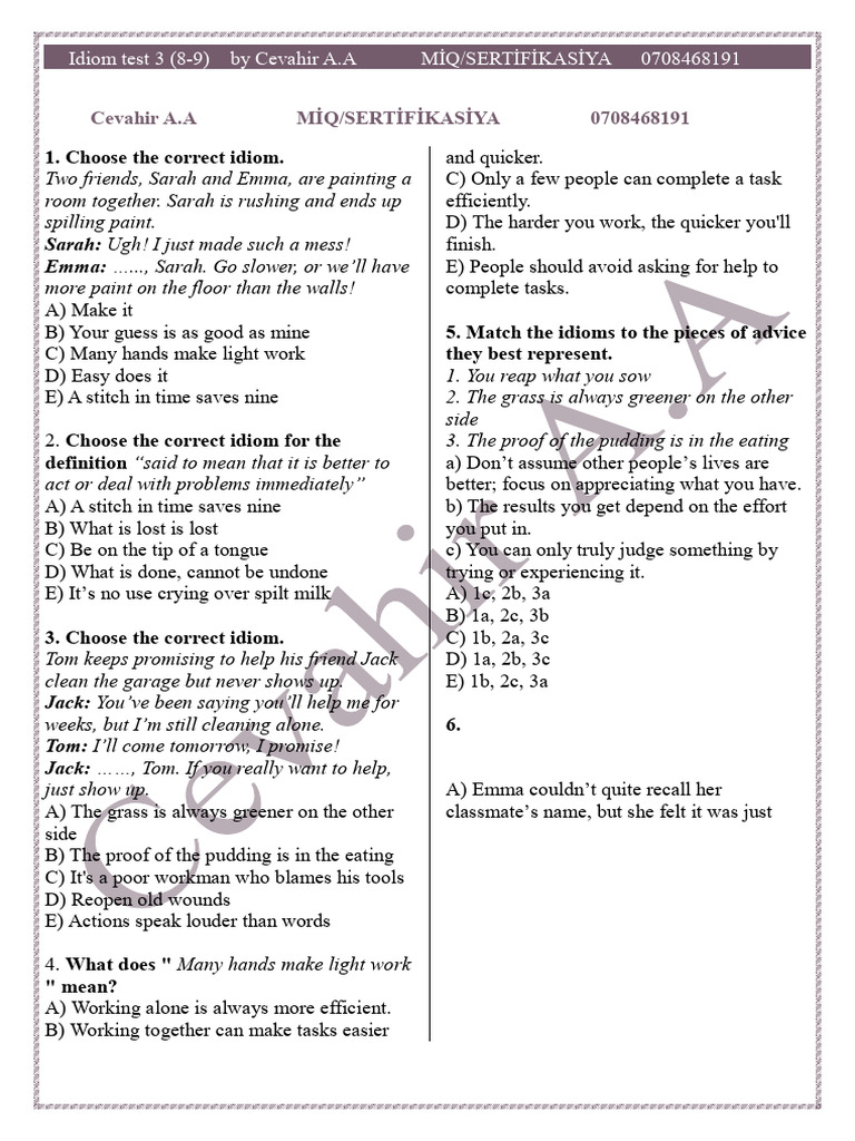 Idiom Test 3 (8-9) by Cevahir A.a-1 | PDF