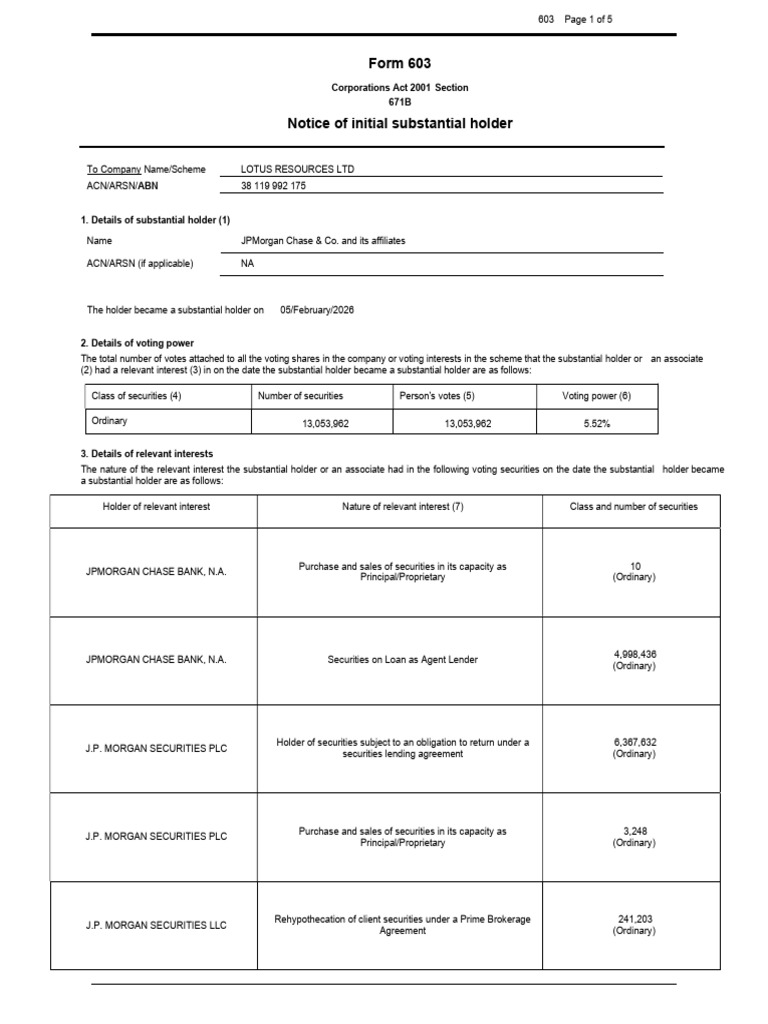 Form 603: Corporations Act 2001 Section 671B | PDF | Jp Morgan Chase ...