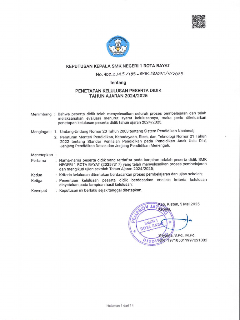 SMK N 1 Rota Bayat Mei 2025 SK Kelulusan 2025 - 0001 - 0001 | PDF