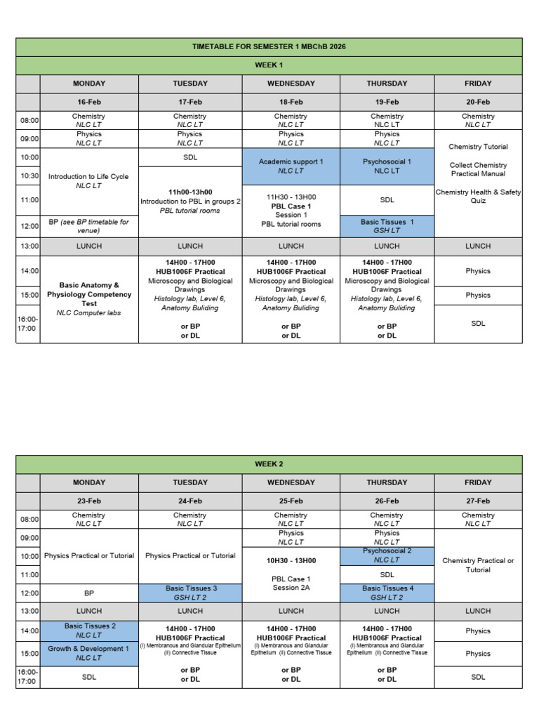 2026 MBCHB Semester 1 Timetable Final Version | PDF | Histology | Life ...