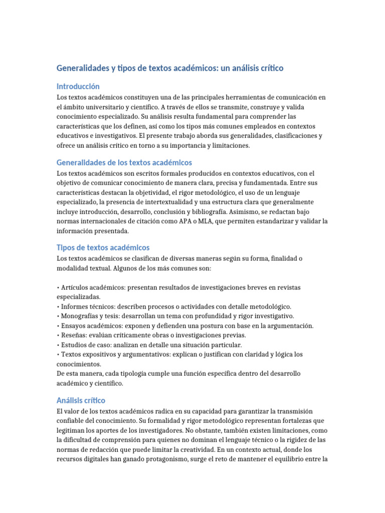 Generalidades y Tipos de Textos Academicos | PDF | Conocimiento ...