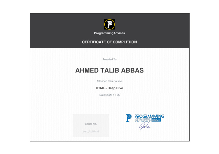 Certificate of Completion For HTML Deep Dive | PDF