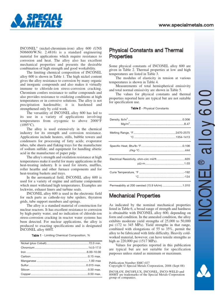 Material Inconel 600 Alloy Strength Of Materials