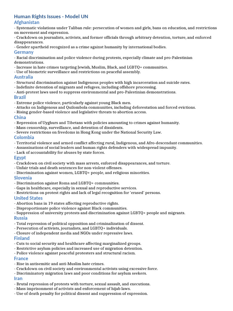 Human Rights Issues Model UN | PDF | Crimes Against Humanity | Crime ...