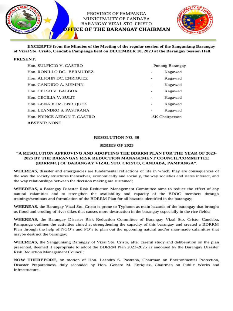 BDRRM Plan Resolution Approving and Adopting 2023 2025 | PDF | Hazards ...