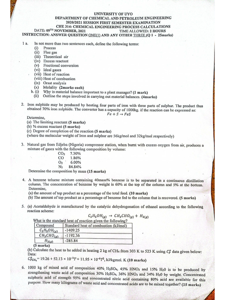 019 Process Calculations Exam Question | PDF