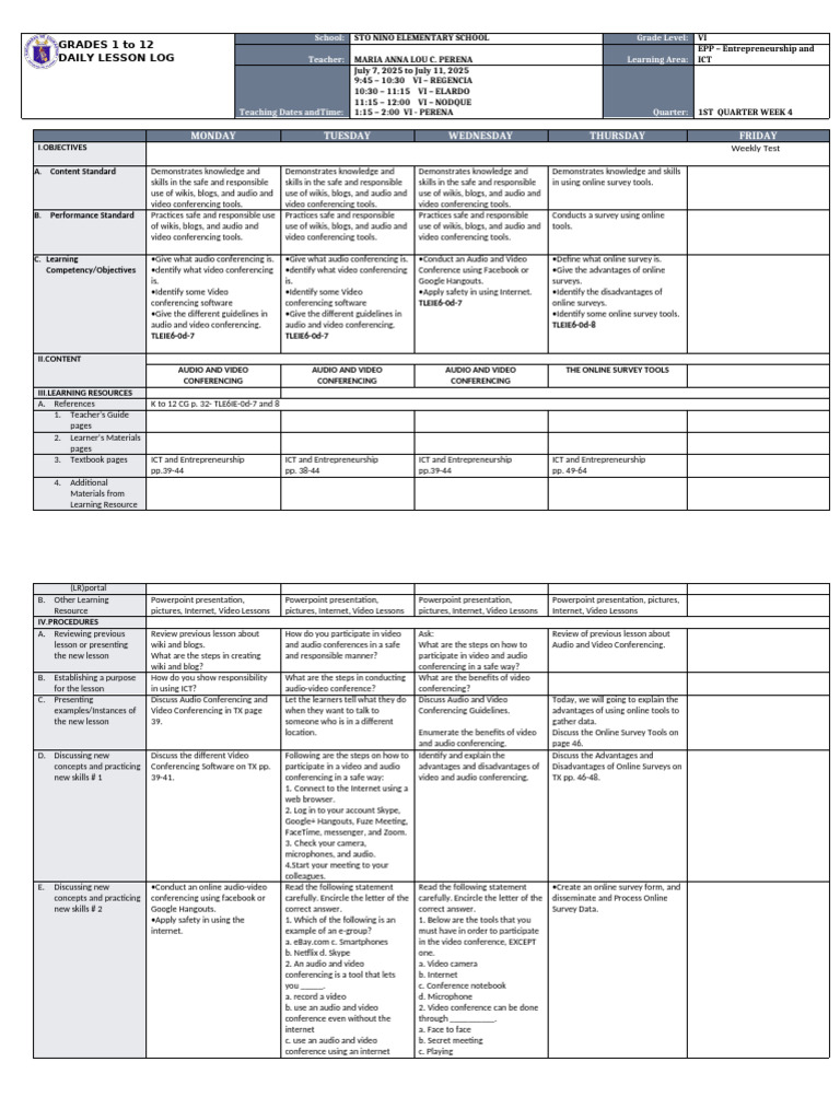 DLL Epp Tle q1 Wk4 Sy25 26 | PDF | Educational Technology | Videotelephony