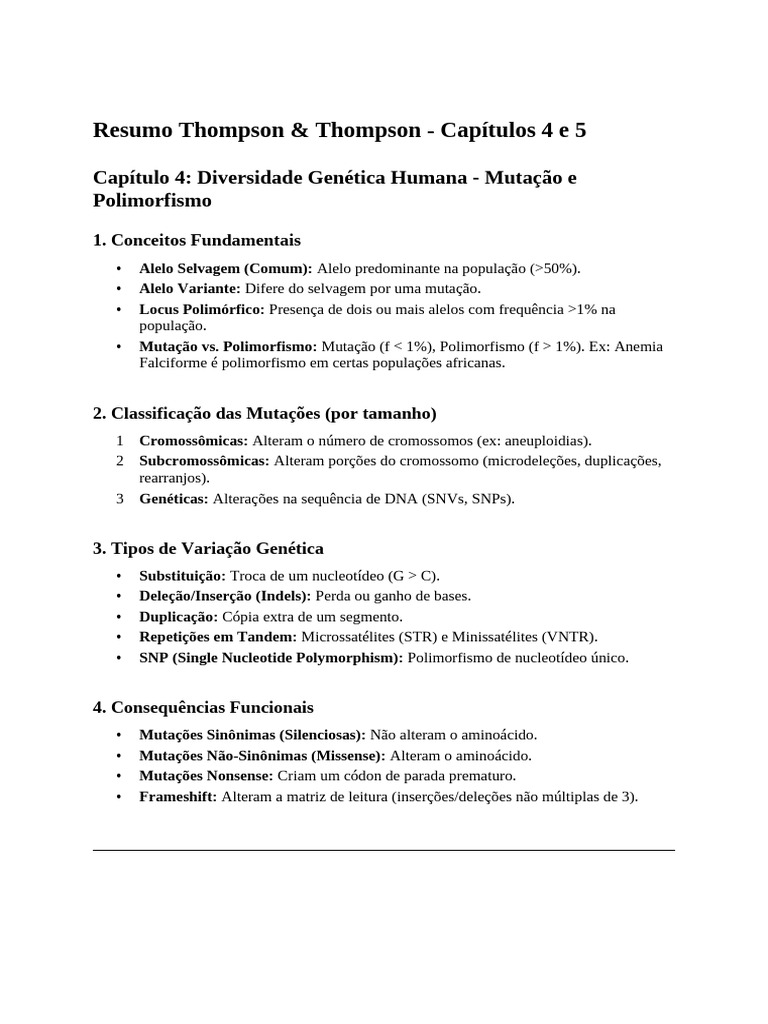 Resumo Thompson & Thompson - Capítulos 4 e 5 | PDF | Mutação ...
