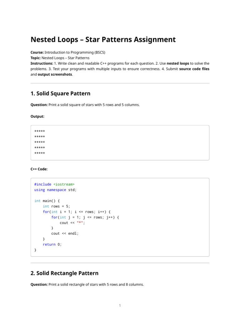Star Patterns Assignment | PDF | Namespace | C++