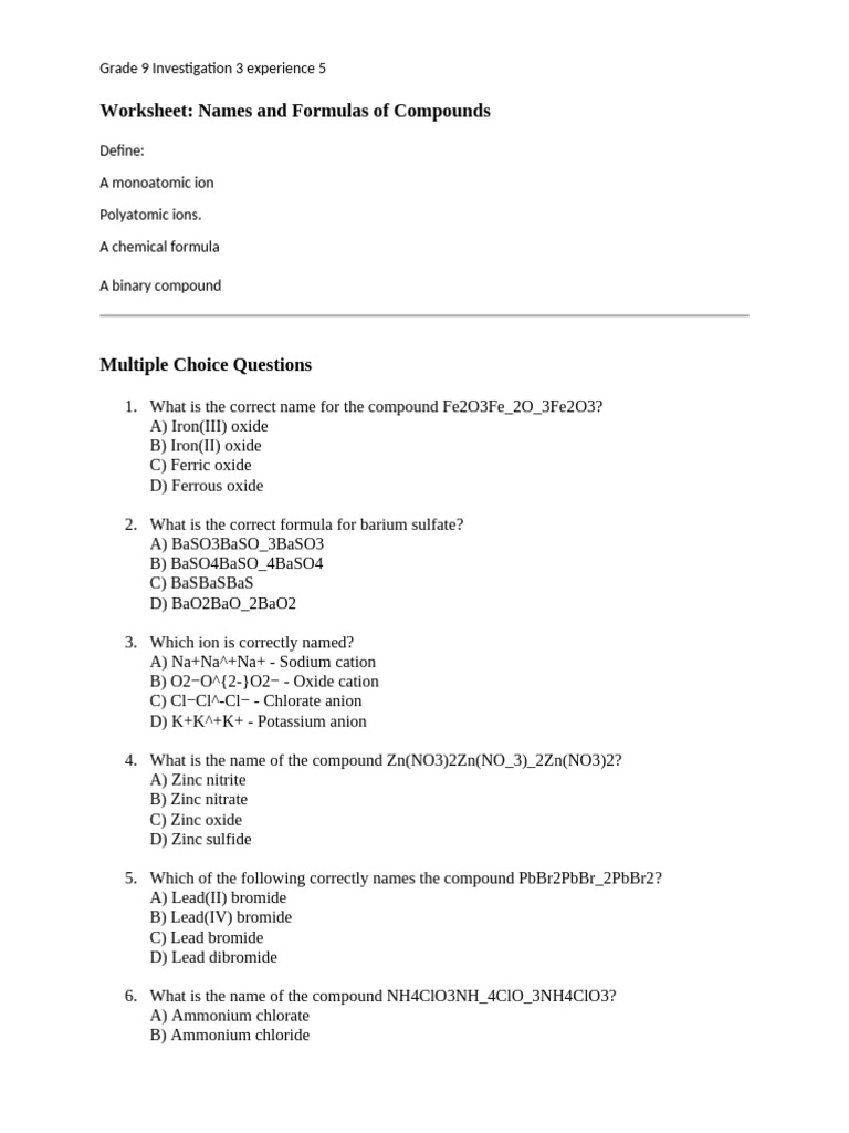 Grade 9 Investigation 3 Experience 5 Worksheet | PDF | Chemical ...