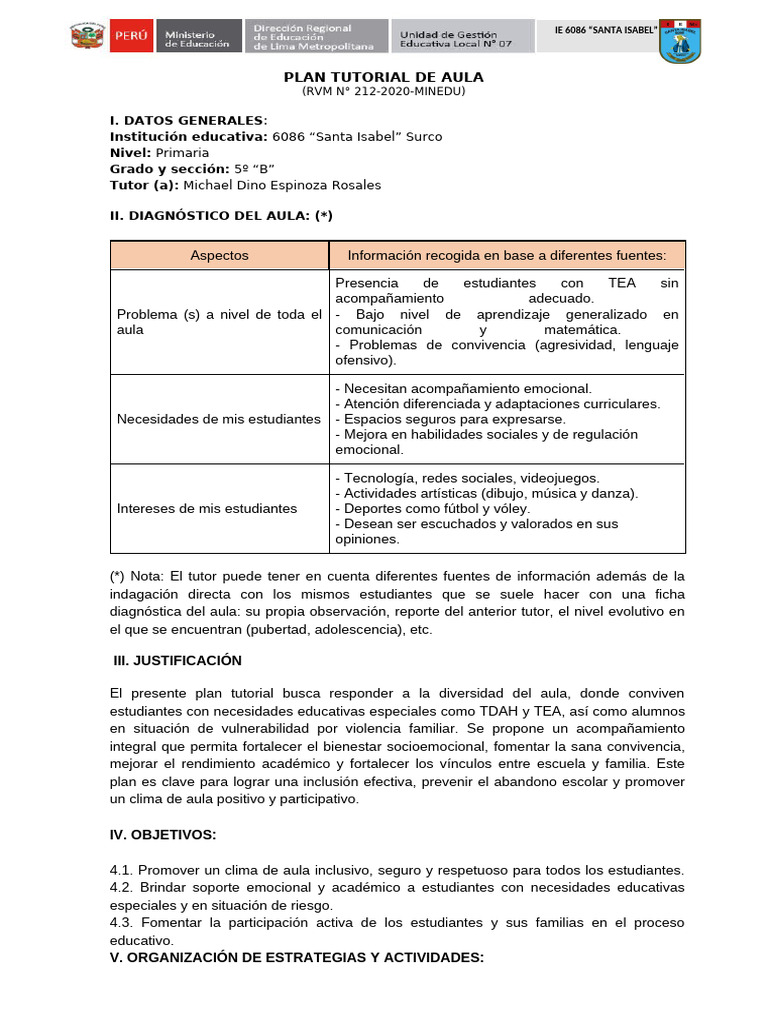 Plan Tutorial de Aula (Modelo) | PDF | Salón de clases | Inclusión ...
