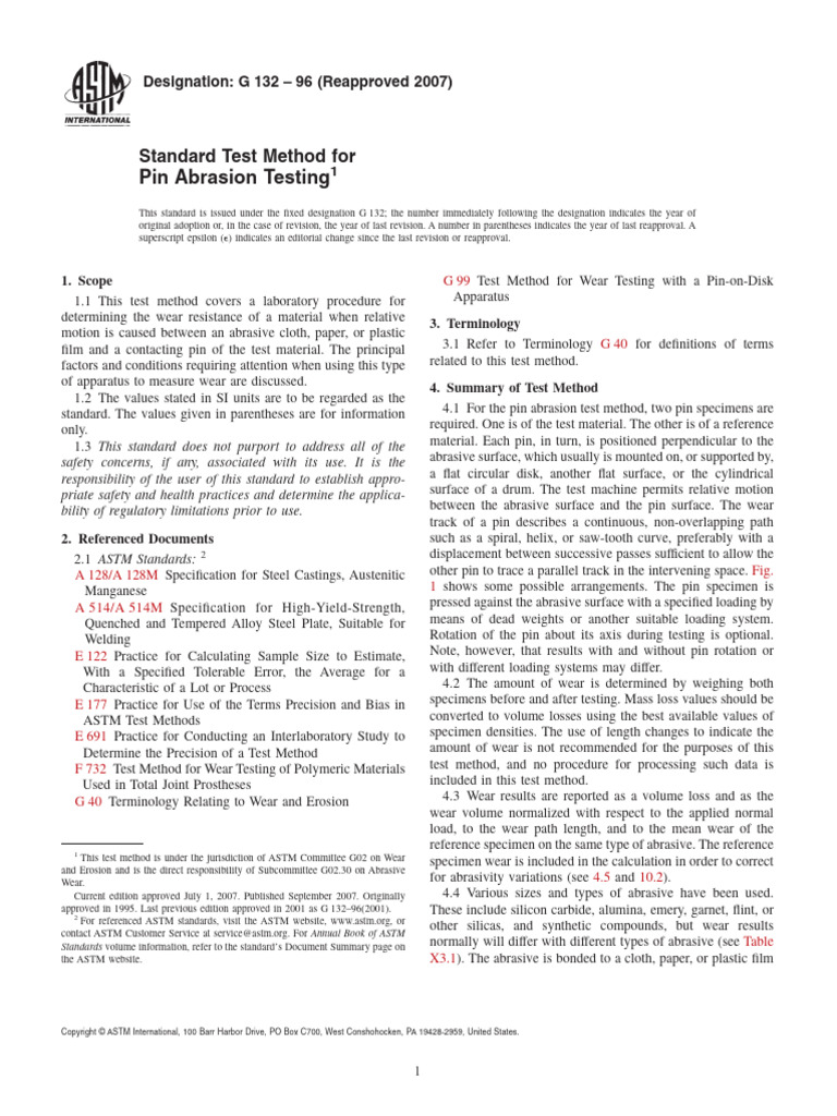 G132-96 (2007) Standard Test Method For Pin Abrasion Testing | PDF ...