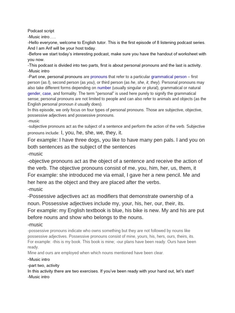 Podcast Script | PDF | Pronoun | Grammatical Number