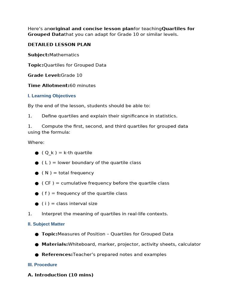 Quartile For Group Data Lesson Plan 1771457424890 | PDF | Quartile | Data