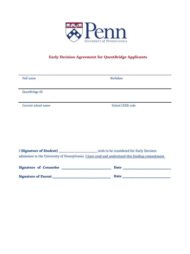 Early Decision Agreement For QuestBridge Applicants | PDF