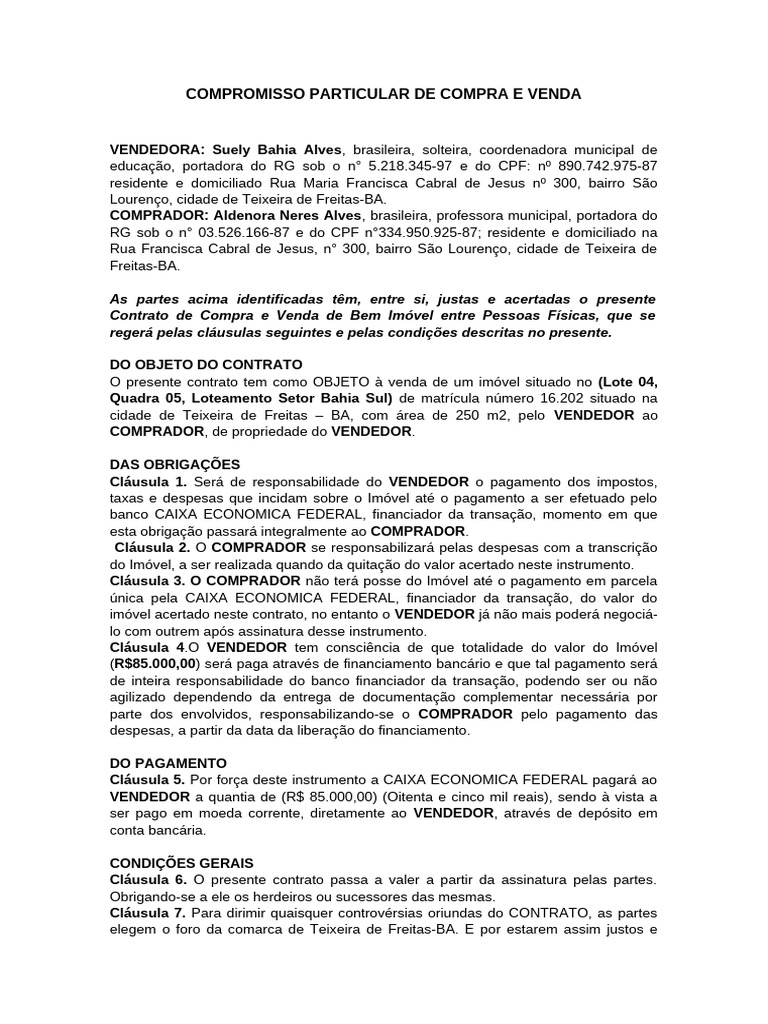 Promisso Particular de Compra e Venda - Cliente e Terreno | PDF ...