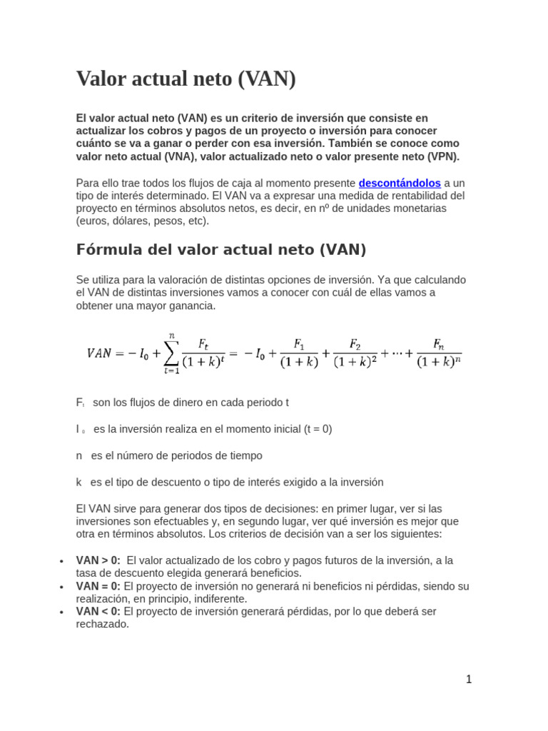 Valor Actual Neto Concepto y Aplicaciones | PDF | Valor presente neto ...