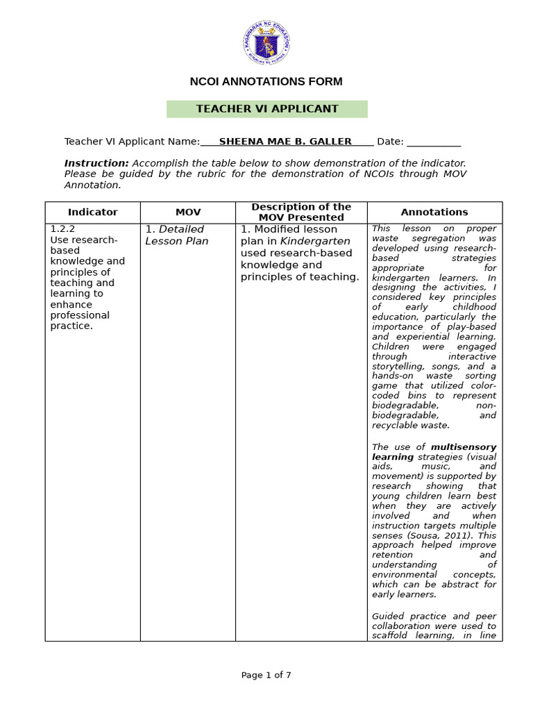 NCOI Annotations Form For Teacher VI Applicant FINAL | PDF | Learning ...