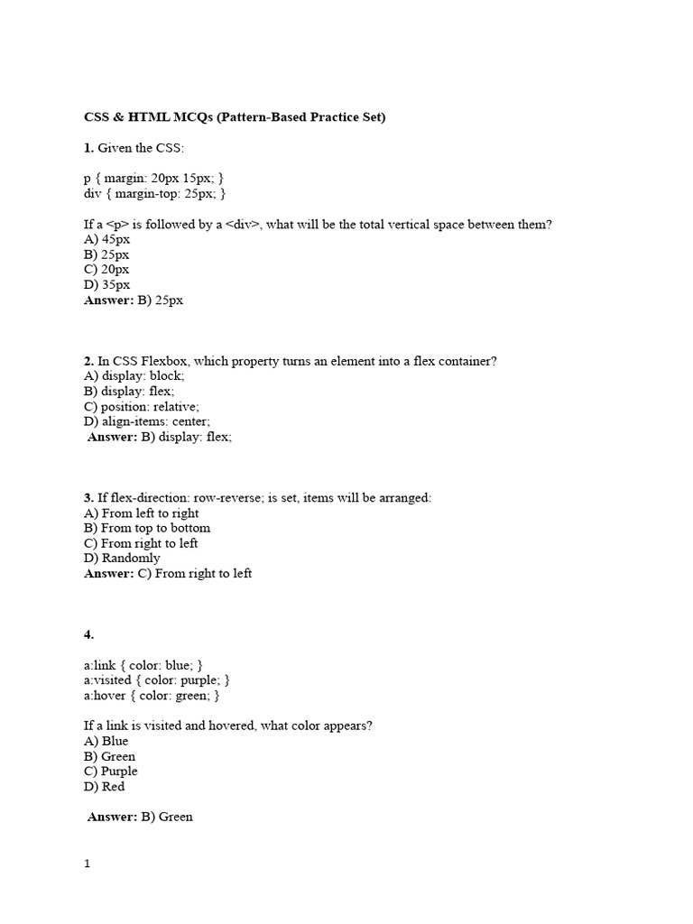 Css & HTML Mcqs (Pattern-Based Practice Set) 1 | PDF | Page Layout ...