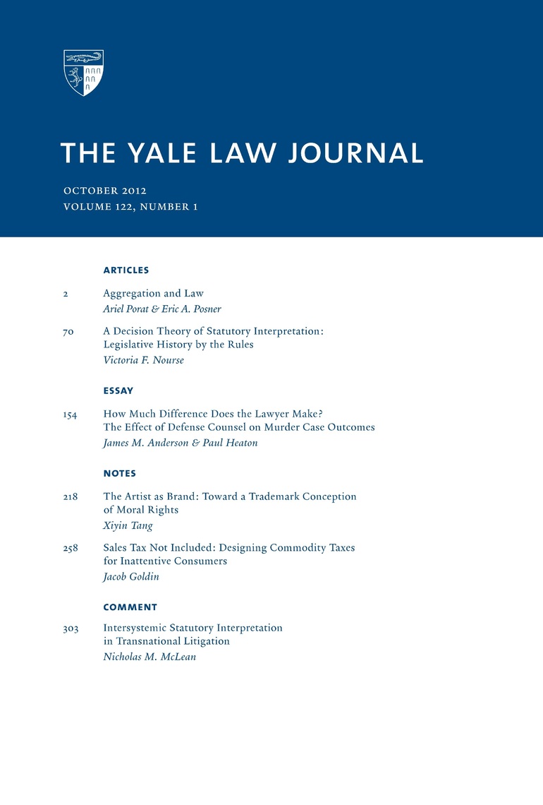 Read Yale Law Journal Volume 122, Number 1 October 2012 Online by